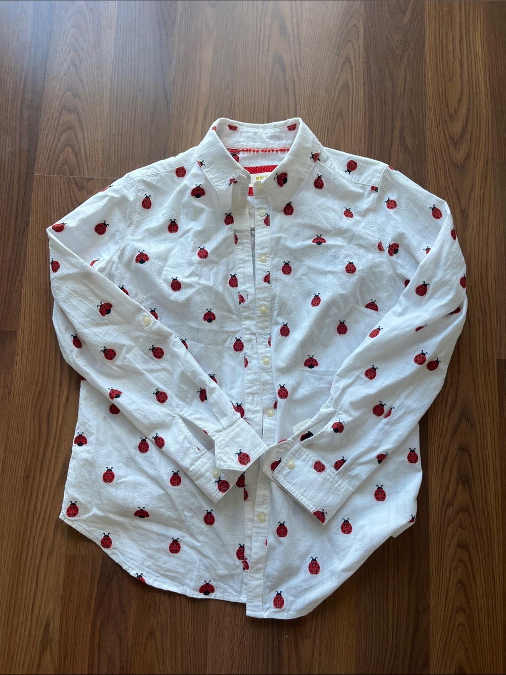 Maeve White Button-Down Shirt with Red Ladybug Print